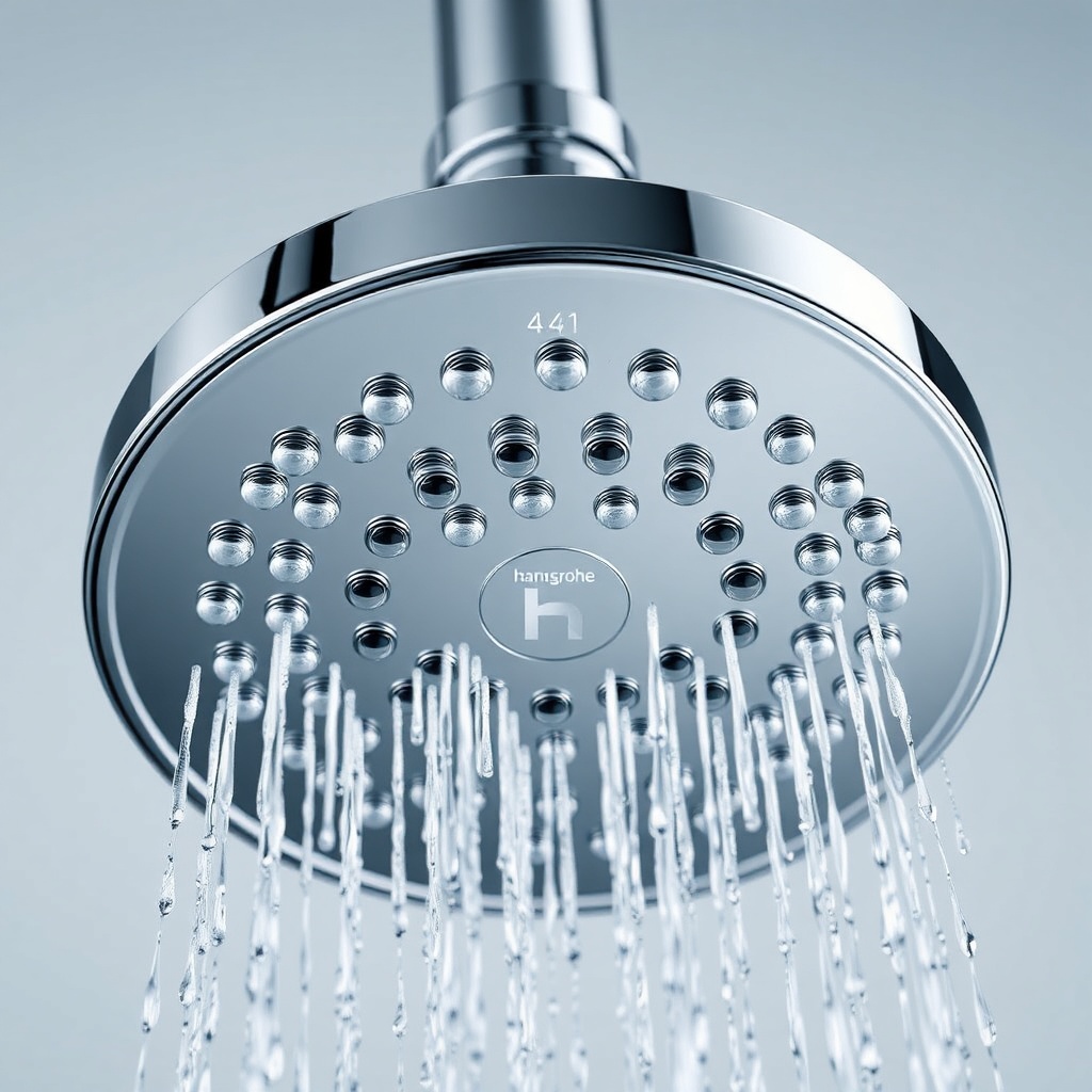 A close-up photorealistic photo of a Hansgrohe Rainfinity headshower with water droplets o