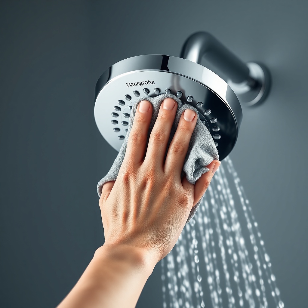 A photorealistic photo of a person’s hand holding a microfiber cloth wiping a Hansgrohe Ra