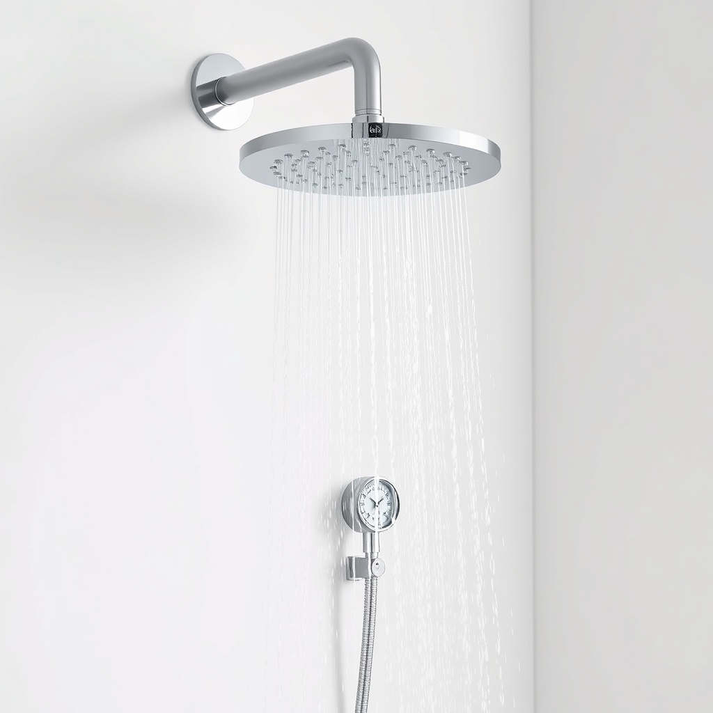 <A clean photorealistic photo of a bathroom wall with a Hansgrohe Rainfinity headshower in