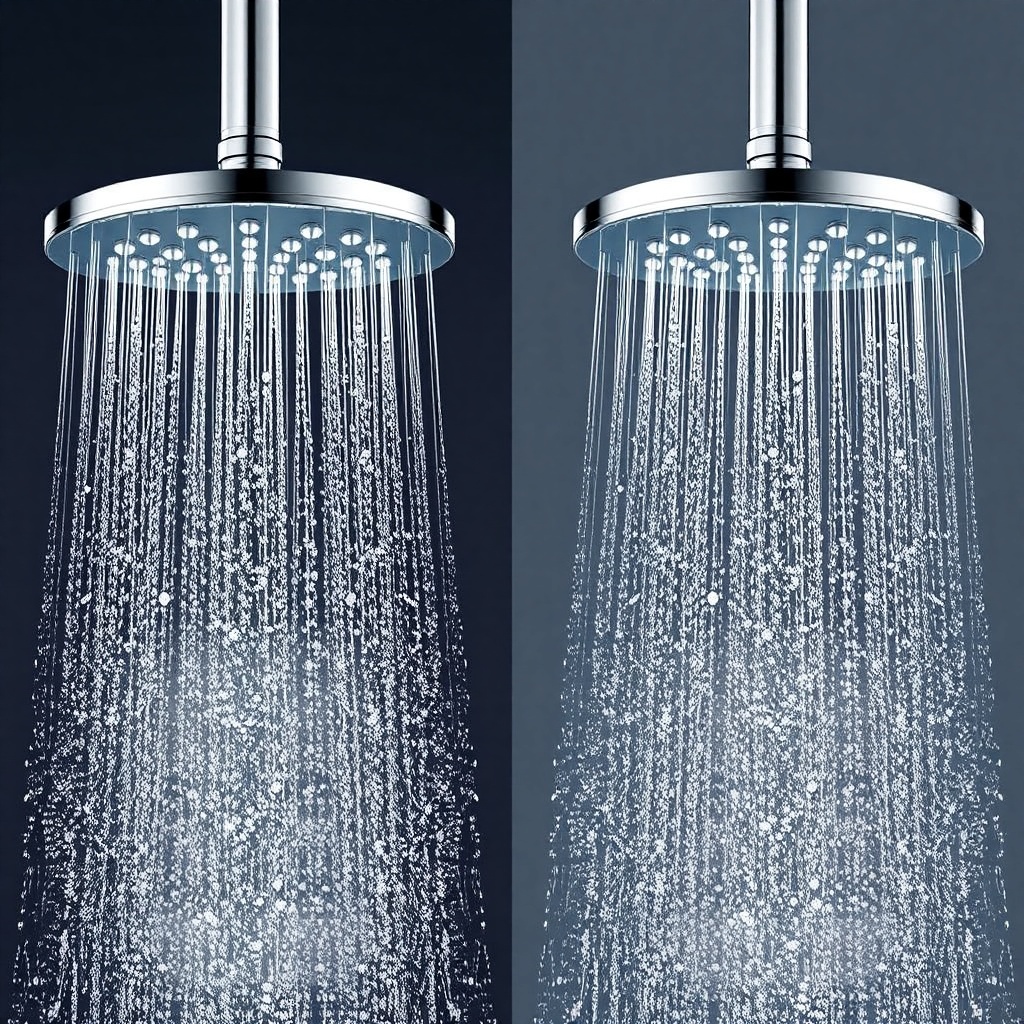 <A clean photorealistic photo of a Hansgrohe Rainfinity head shower showing water spray pa