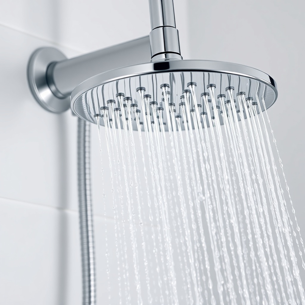 Photorealistic close-up of Hansgrohe Rainfinity headshower mounted on a white tile wall