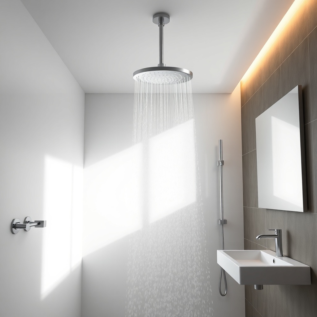 Photorealistic 16:9 wide shot of a modern bathroom with Hansgrohe Rainfinity headshower at