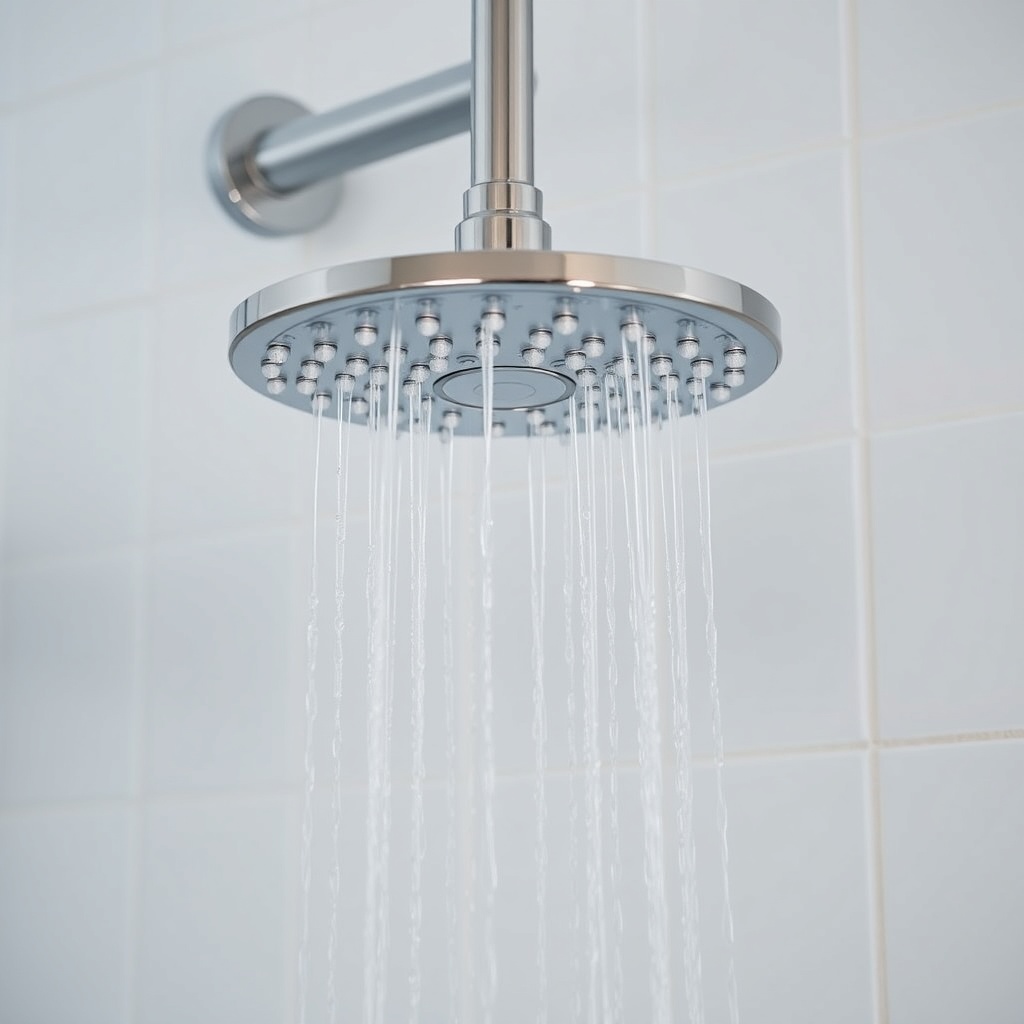 A photorealistic close-up of a Hansgrohe Rainfinity 300 headshower mounted on a white tile