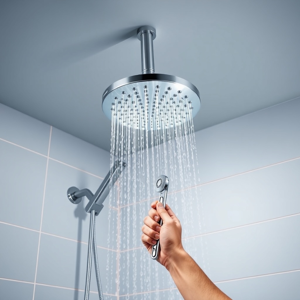 A photorealistic illustration of a Hansgrohe Rainfinity 380 headshower being mounted to a