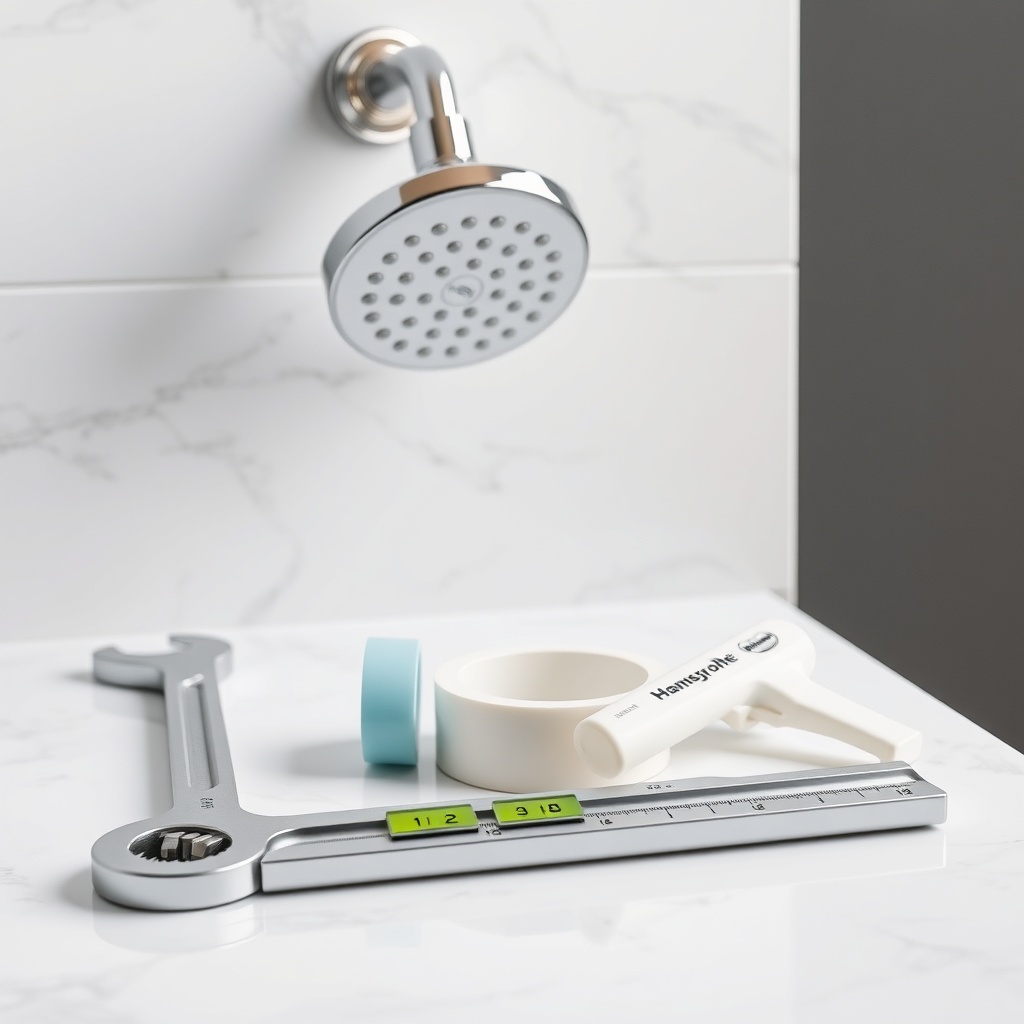 A clean photorealistic photo showing the tools required for Hansgrohe Rainfinity Headshowe