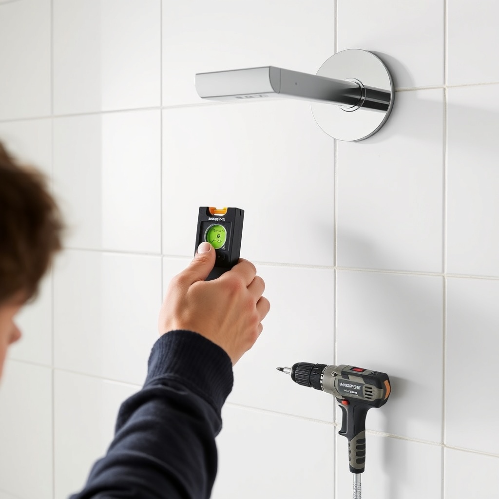 A clean photorealistic photo showing a person using a spirit level to align the Hansgrohe