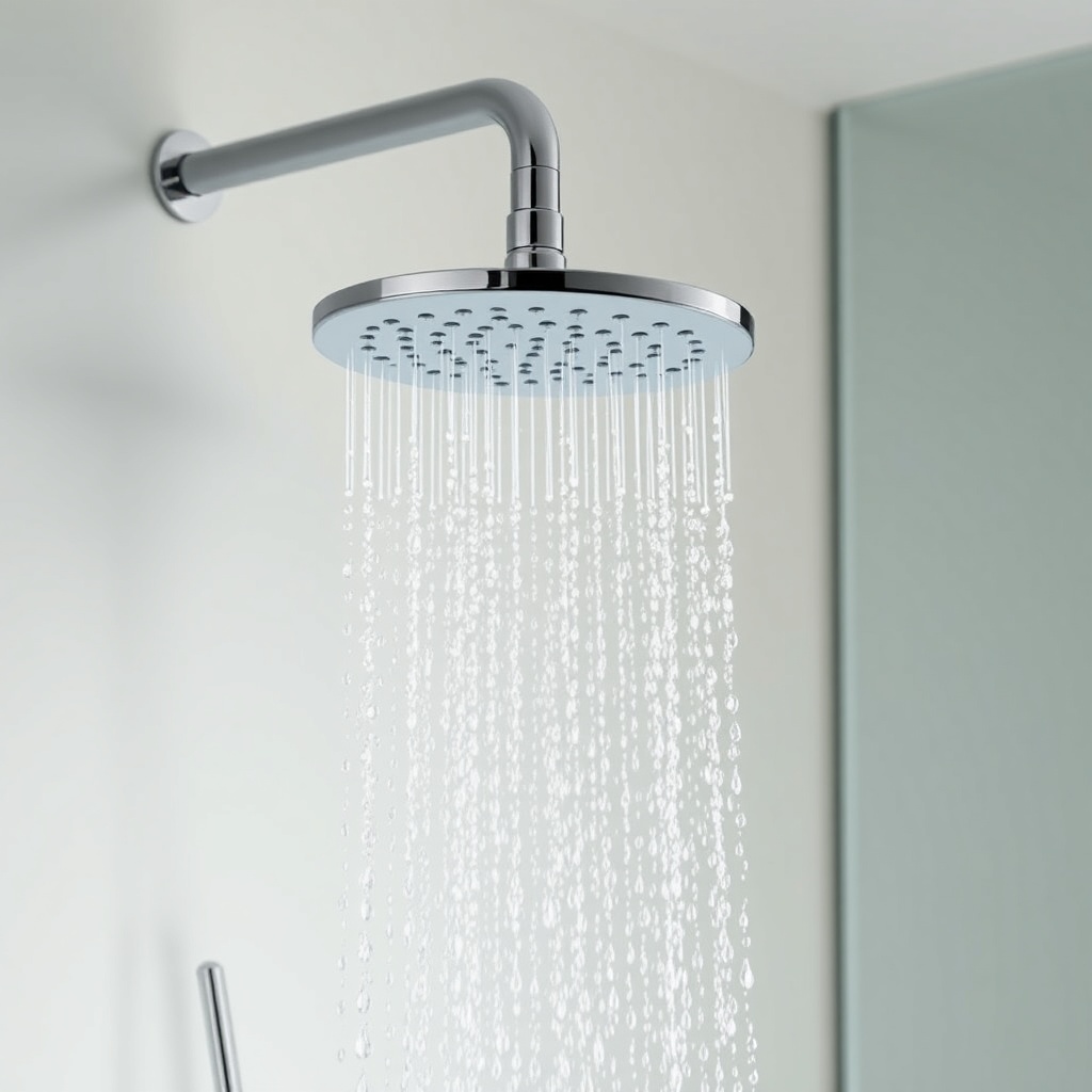 A photorealistic photo of a Hansgrohe Rainfinity headshower mounted on a bathroom wall