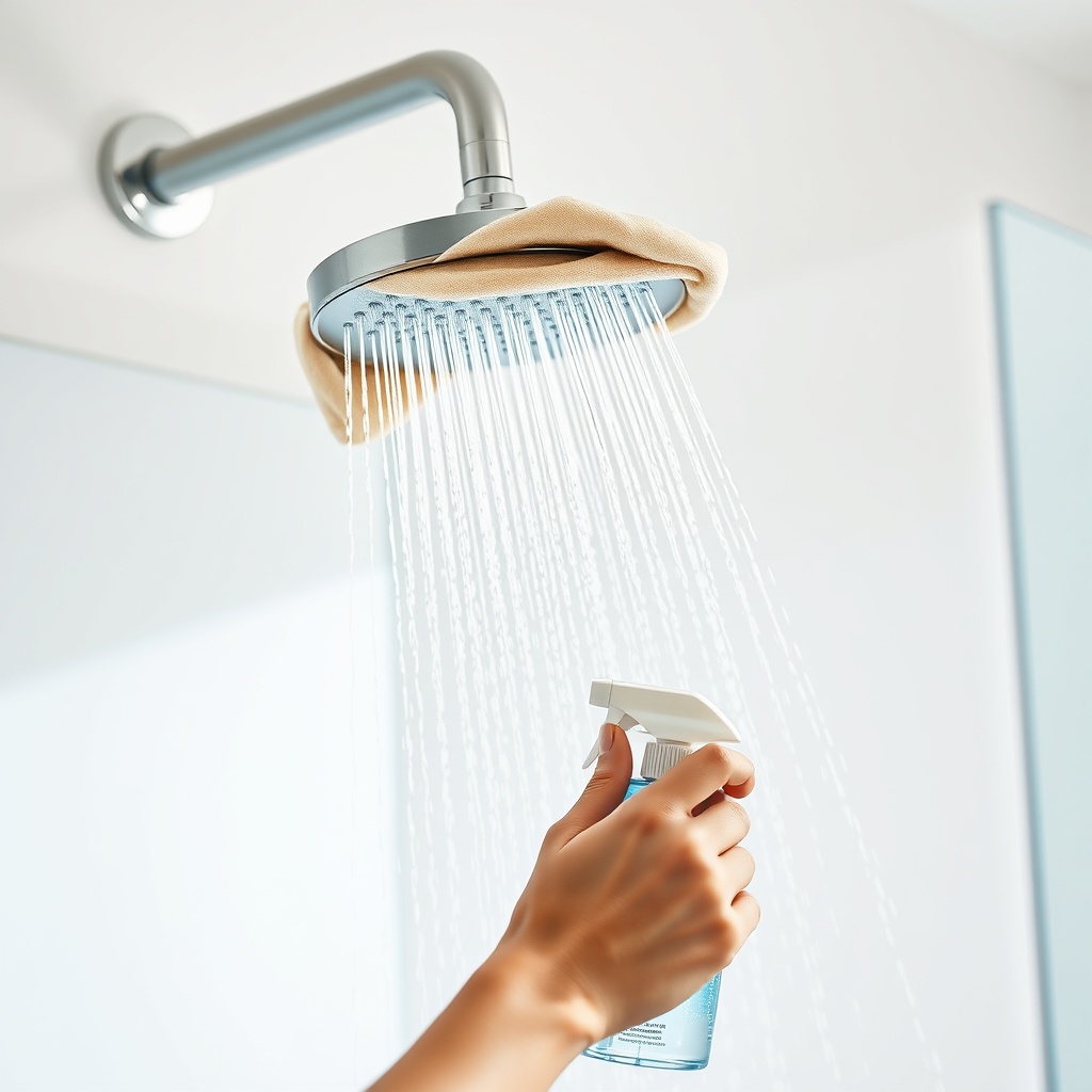 A photorealistic photo of a person cleaning a Hansgrohe Rainfinity headshower with a soft
