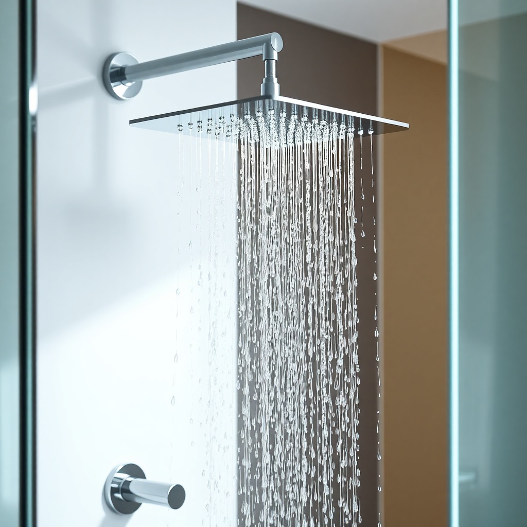 Hansgrohe Rainfinity headshower installed in modern bathroom with water droplets visible