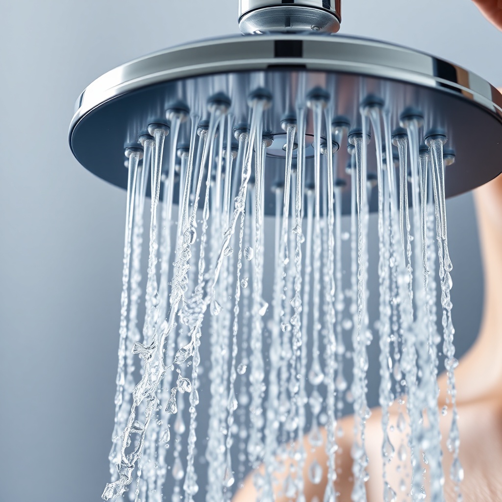 Close-up of Hansgrohe Rainfinity headshower water jets hitting skin with high-pressure eff